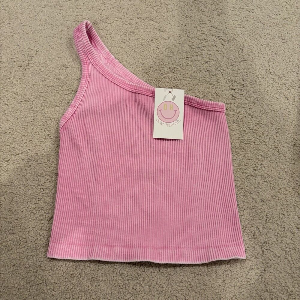 NWT One Shoulder Crop Tank Top In Acid Wash Ribbed Pink Women One Size Fit Most